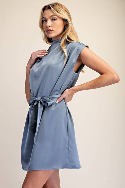 Mock Neck Waist Tie Sleeveless Mini Dress: Slate
