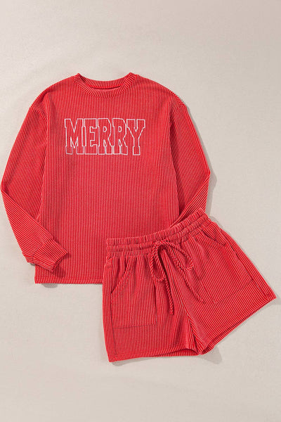 Corded MERRY Graphic Long Sleeve Top and Shorts Set: Racing Red