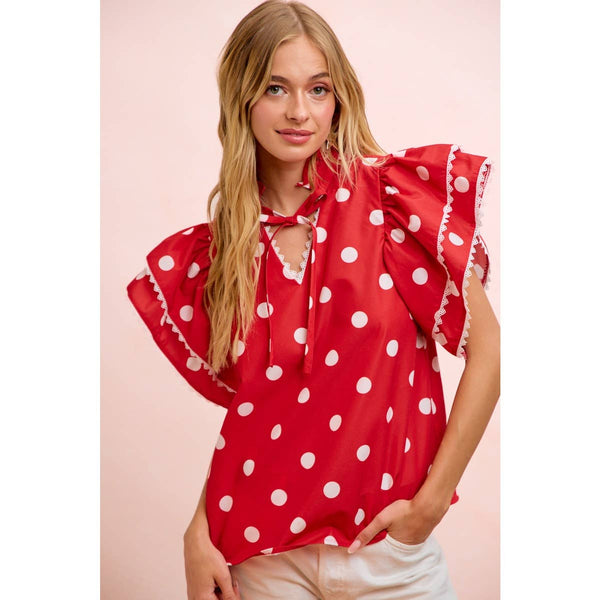 POLKA DOT PRINTED RUFFLE TRIM EDGE BLOUSE TOP: RED / S