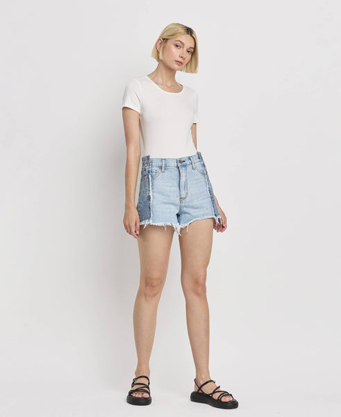 HIGH RISE TWO TONE PATCH DENIM SHORTS BY4330: FUTURESTIC