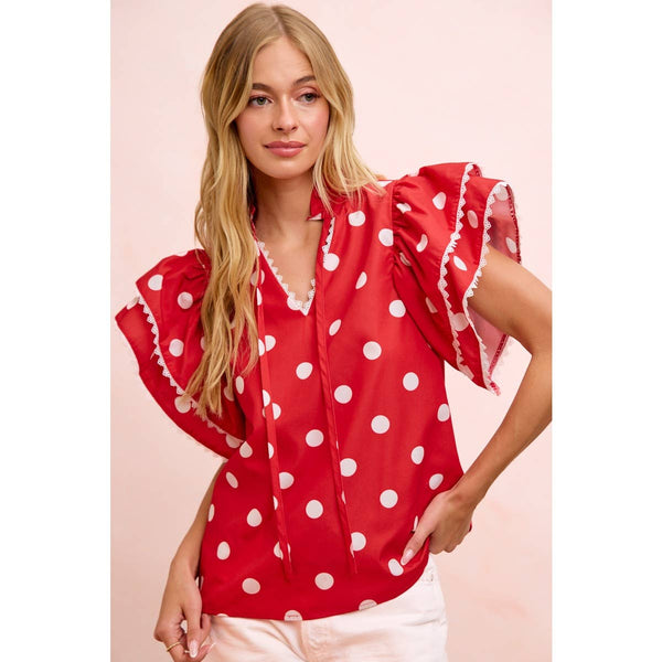 POLKA DOT PRINTED RUFFLE TRIM EDGE BLOUSE TOP: RED / S