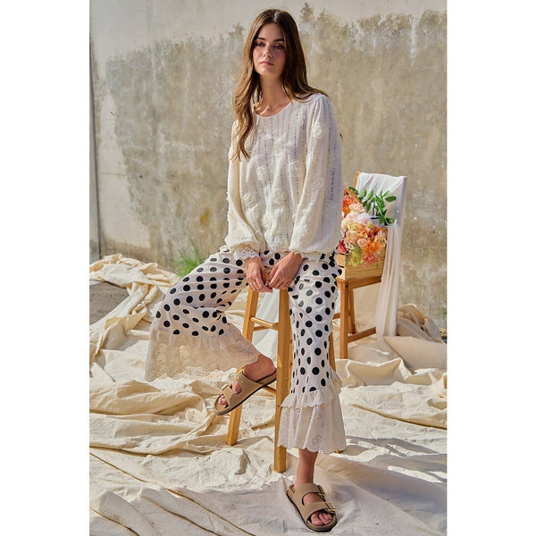 LINEN BLEND POLKA DOT PRINTED RUFFLE LACE HEM PANTS: CREAM/BLACK