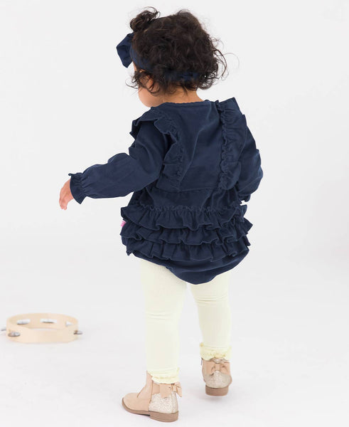 Baby Girls Dark Navy Stretch Corduroy Waterfall Bubble Romper: Blue / 0-3m