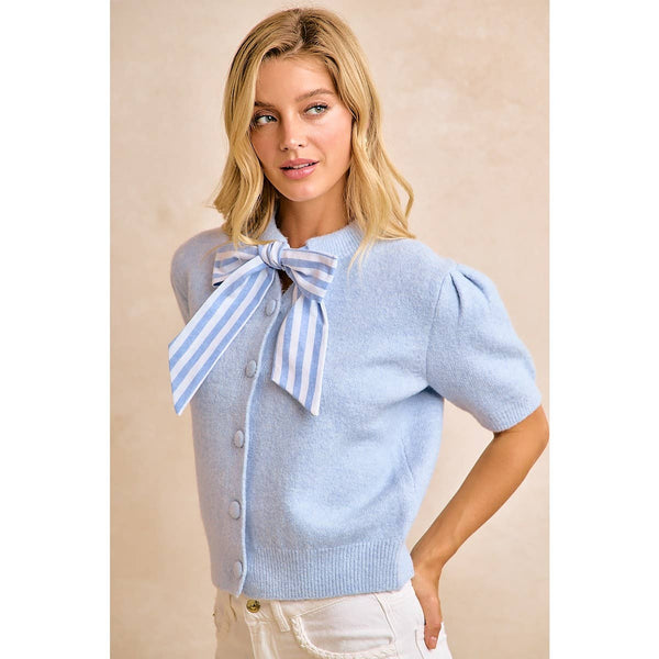 WOMENS LIGHT BLUE BOW TIE SHORT SLEEVE KNIT CARDIGAN