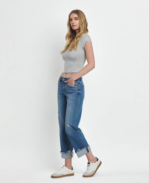 MID RISE RAW CUFFED HEM SLIM WIDE JEANS F5861: FOUR SEASON