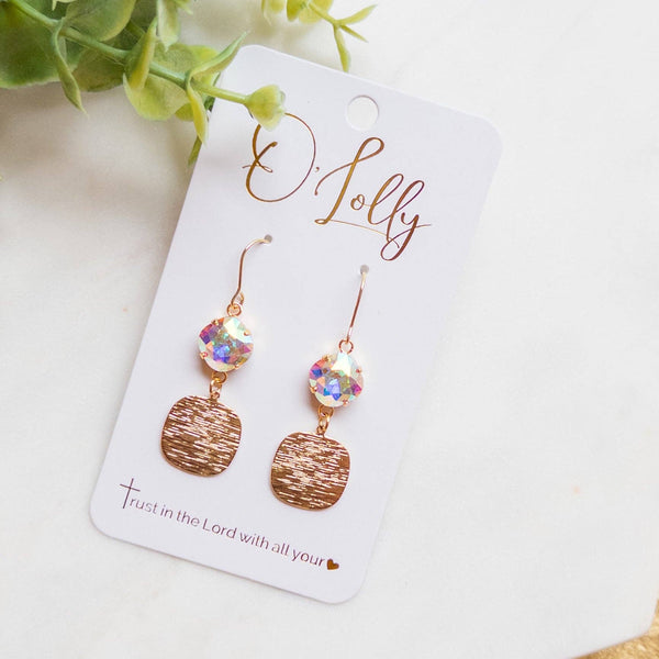 AB Stone w/Gold Textured Square Dangle Earrings “Kinsley”