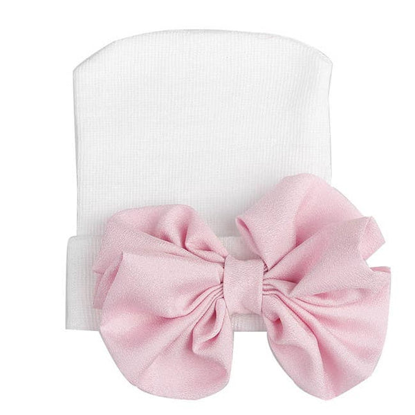 Newborn Hospital Hat, Gender Reveal, Embroidery, Monogram: White Pink / Satin Bow