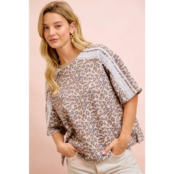 LEOPARD TERRY SIDE DETAIL SHORT SLEEVES TOP: