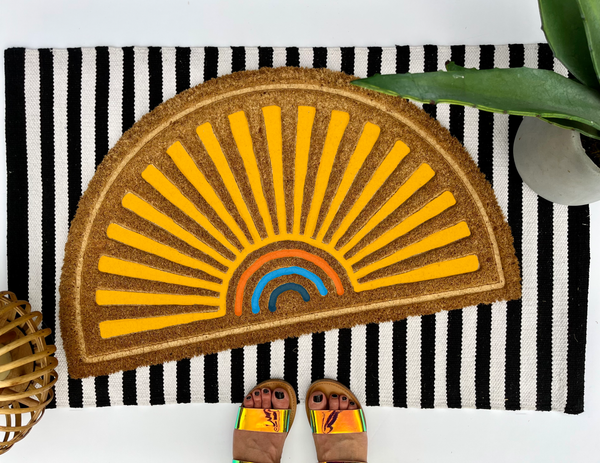 Spring Coir Doormat - Yellow Boho Sun, size 18x30 Arch 