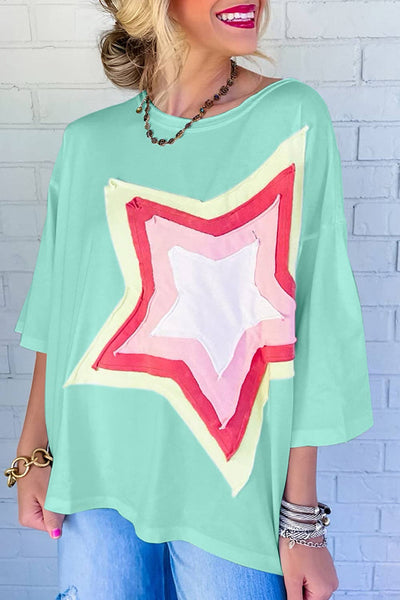 Colorblock Star Patched Half Sleeve Oversized Tee pink
