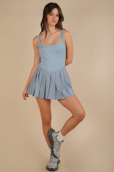 Pleated Skirt Activewear Dress W/ Under Shorts: SKY