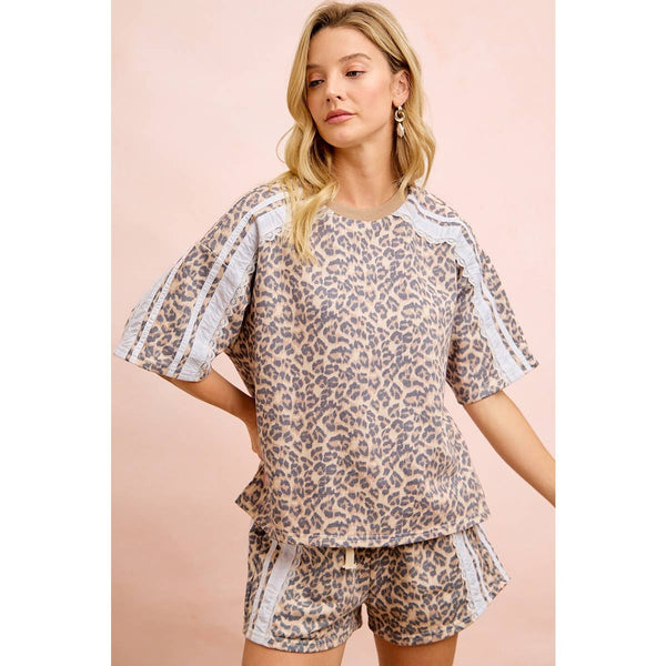 LEOPARD TERRY SIDE DETAIL SHORT SLEEVES TOP:
