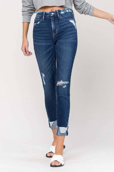 HIGH RISE DISTRESSED CUFFED CROP SKINNY JEANS V2173: ZEKE