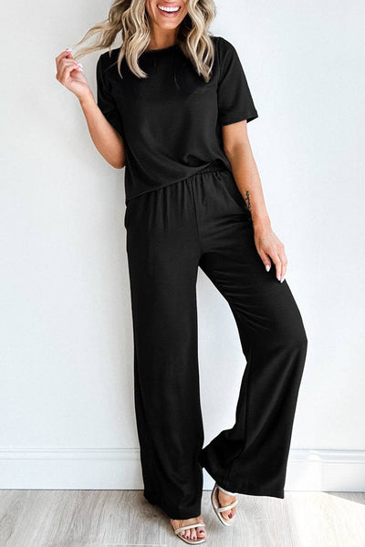 Smoke Gray Solid Color T Shirt 2pcs Wide Leg Pants Set: