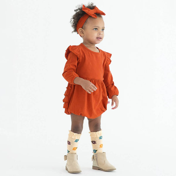 Baby Girls Rust Knit Long Sleeve Flutter Bubble Romper: Orange