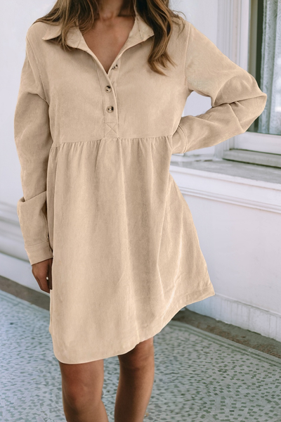 LDC Corduroy Half Button Collared Long Sleeve Mini Dress: Oatmeal