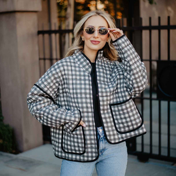Black & White Checkered Quilted Jacket for Women: Black and White