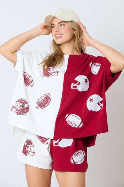 Game Day Helmet&football Color Block Top: WHITE/CRIMSON