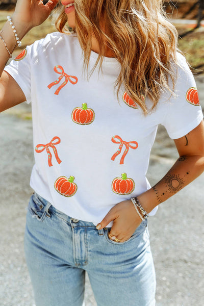 LDC Sequin Chenille Pumpkin Bow Pattern Casual Short T Shirt: White