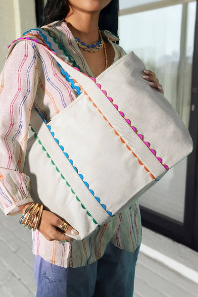 LAS Colorful Ricrac Detail Canvas Tote Bag: Large / White / One Size