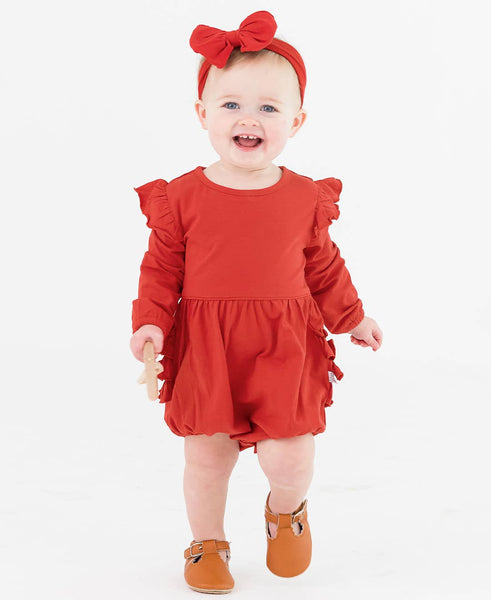 Baby Girls Red Knit Long Sleeve Flutter Bubble Romper: Red