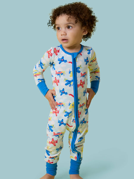 SoftSnooze™ Baby Bamboo Viscose Plane Parade Convertible One Piece Footie Pajama: Blue