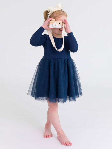 Girls Dark Navy Long Sleeve Tulle Twirl Dress: Navy