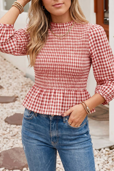 Plaid Smocked Bodice Three Quarter Sleeve Casual Top: Red