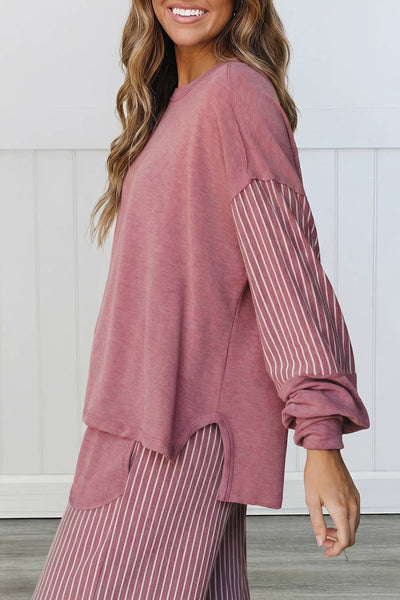 LAS Striped Patchwork Pocket Casual 2pcs Lounge Set
