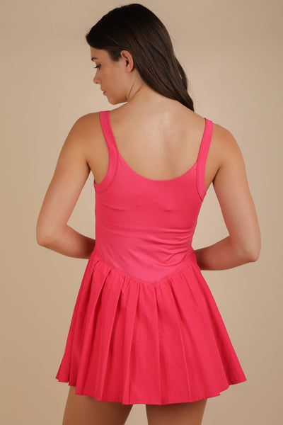 Pleated Skirt Activewear Dress W/ Under Shorts: HOT PINK