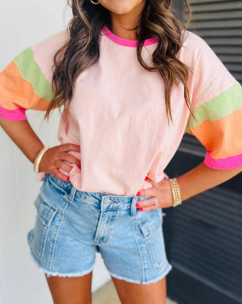 Colorblock 3/4 Sleeve Oversize Top: Pink