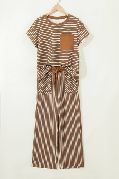 Striped Drawstring Waist Cropped Pants SetKhaki Stripe