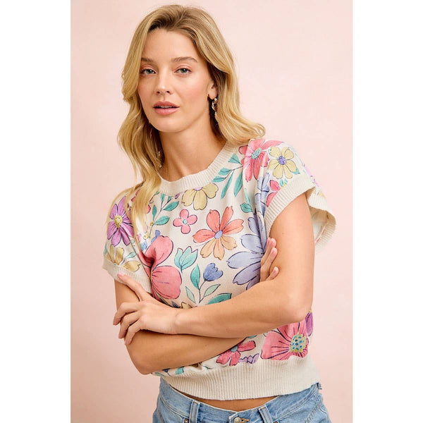 FLOWER ARTWORK PRINTED COZY KNIT TOP: FLOWER / 2X