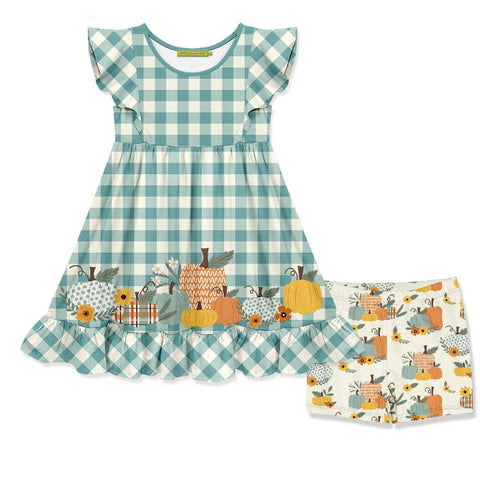 Girls Gingham Angel-Sleeve Dress & Cream Pumpkin Shorts: Nile Blue