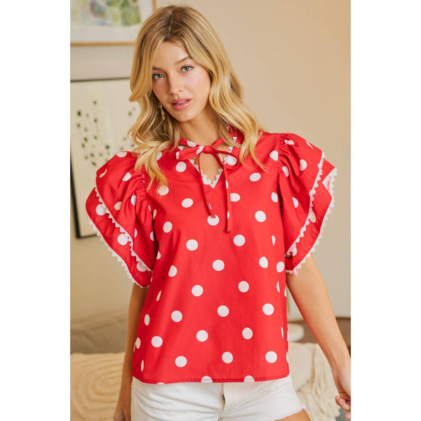 POLKA DOT PRINTED RUFFLE TRIM EDGE BLOUSE TOP: RED / S