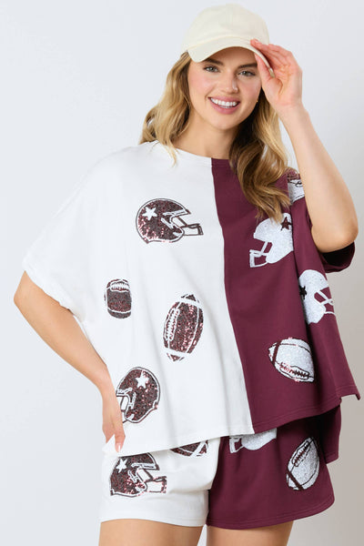 Game Day Helmet&football Color Block Top: WHITE/CRIMSON