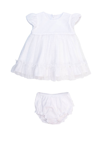 Baby Girls White Dotted Tulle Dress & RuffleButt Set: