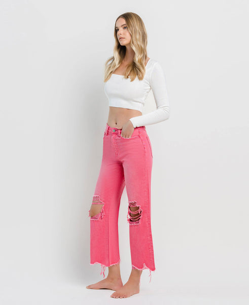 90'S VINTAGE SUPER HIGH RISE CROP FLARE JEANS V2736HP: HOT PINK