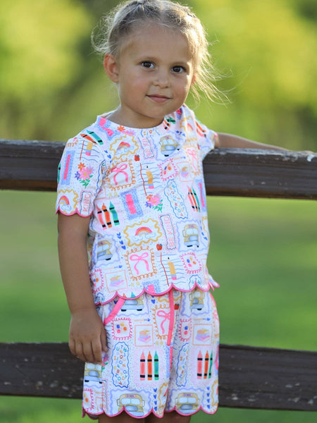 Back to School Print Girl Short Set Scallop Hem: