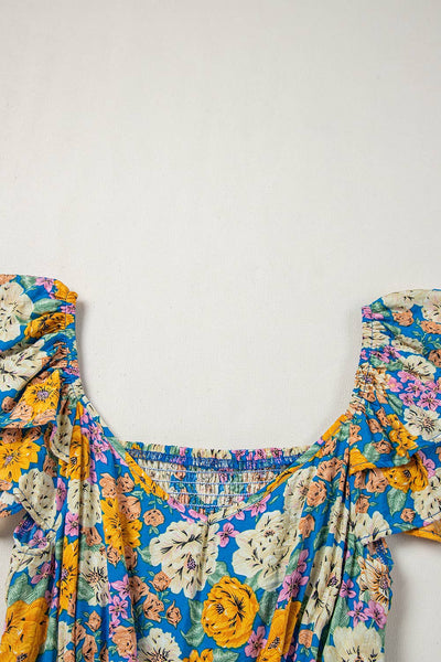 Floral Shirred Cut Out High Waist Jumpsuit: