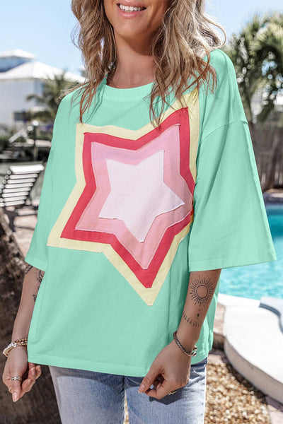 Colorblock Star Patched Half Sleeve Oversized Tee pink