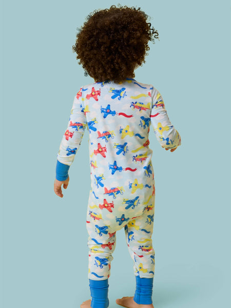 SoftSnooze™ Baby Bamboo Viscose Plane Parade Convertible One Piece Footie Pajama: Blue