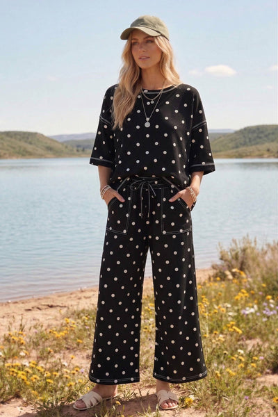 Heavy Scuba Polka Dot Short Sleeve Set: CREAM/BLACK