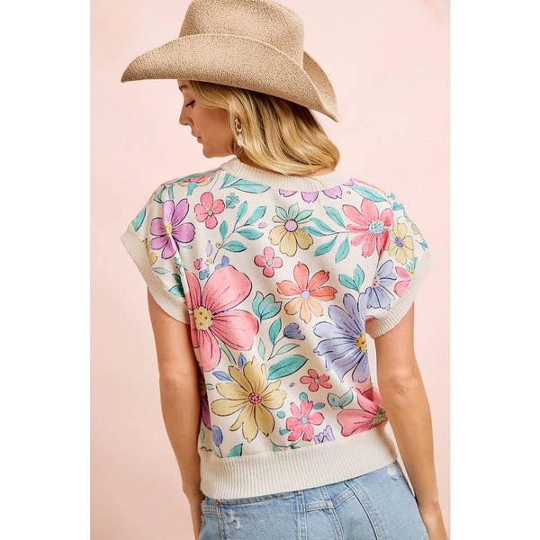 FLOWER ARTWORK PRINTED COZY KNIT TOP: FLOWER / 2X