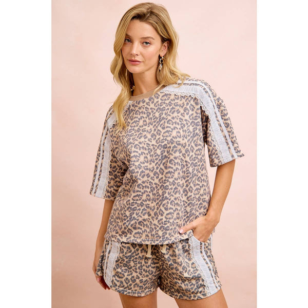 LEOPARD TERRY SIDE DETAIL SHORT SLEEVES TOP: