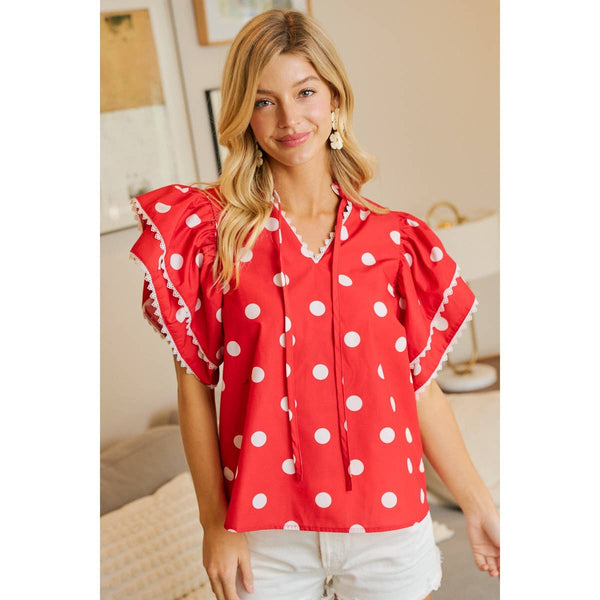 POLKA DOT PRINTED RUFFLE TRIM EDGE BLOUSE TOP: RED / S