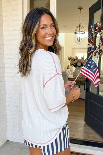 LAS USA Graphic Half Sleeve Loose Ribbed Top White