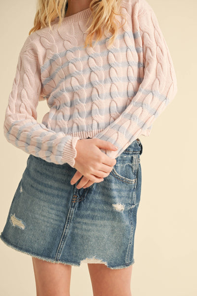 GIRLS KIDS CABLE KNIT BOXY CROPPED PULLOVER
