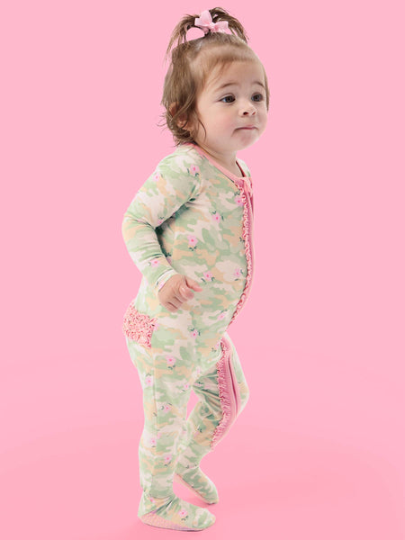 SoftSnooze™ Baby Girls Cotton Modal Sage Blossom Camo Footed Ruffle One Piece Pajama: Green