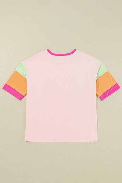 Colorblock 3/4 Sleeve Oversize Top: Pink